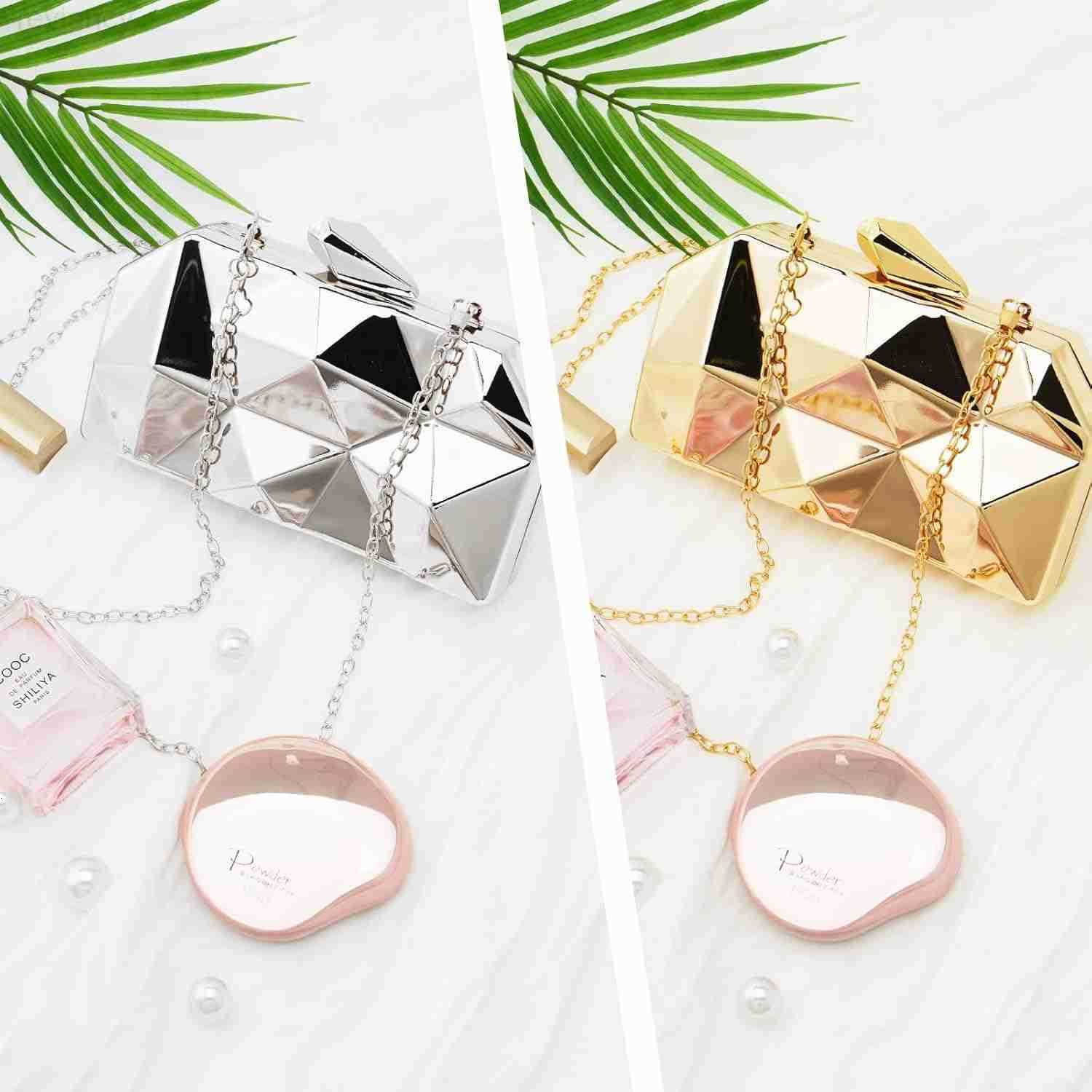 Women Lattice Pattern Metal Evening Clutch BagGeometric Evening Clutch Purse Handbag With Chain StrapW250908