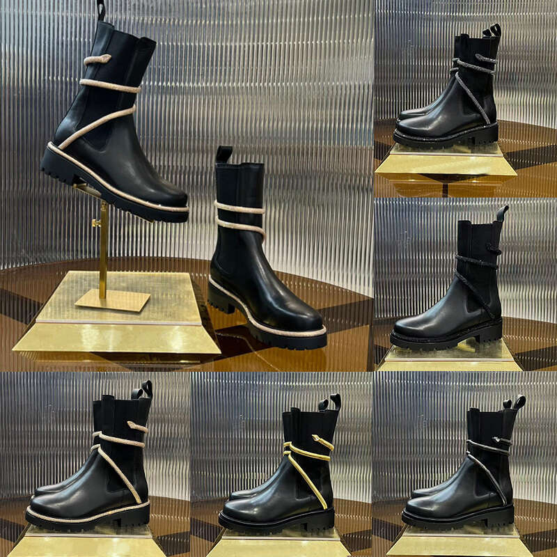 Women Leather Boots Rhinestone Snake Strap Half Boots Luxury Designer Inspired Fashion Knight Style Short Heel Italian Boutique High End Top Quality Footwear