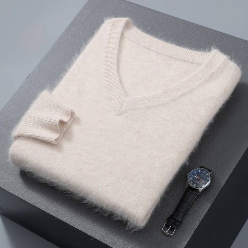 Men's 100% Pure Cashmere Sweater V-neck Pullover Knit Bottoming Shirt Autumn And Winter New Long-Sleeve High-End Mink Tops