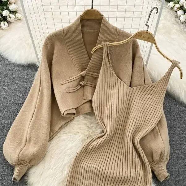 2025 Solid Color Knitted Set with Lace up Cardigan Trendy Women's Sweater Coat Vest Dress Two Piece Set Women's Clothing Autumn/Winter New D