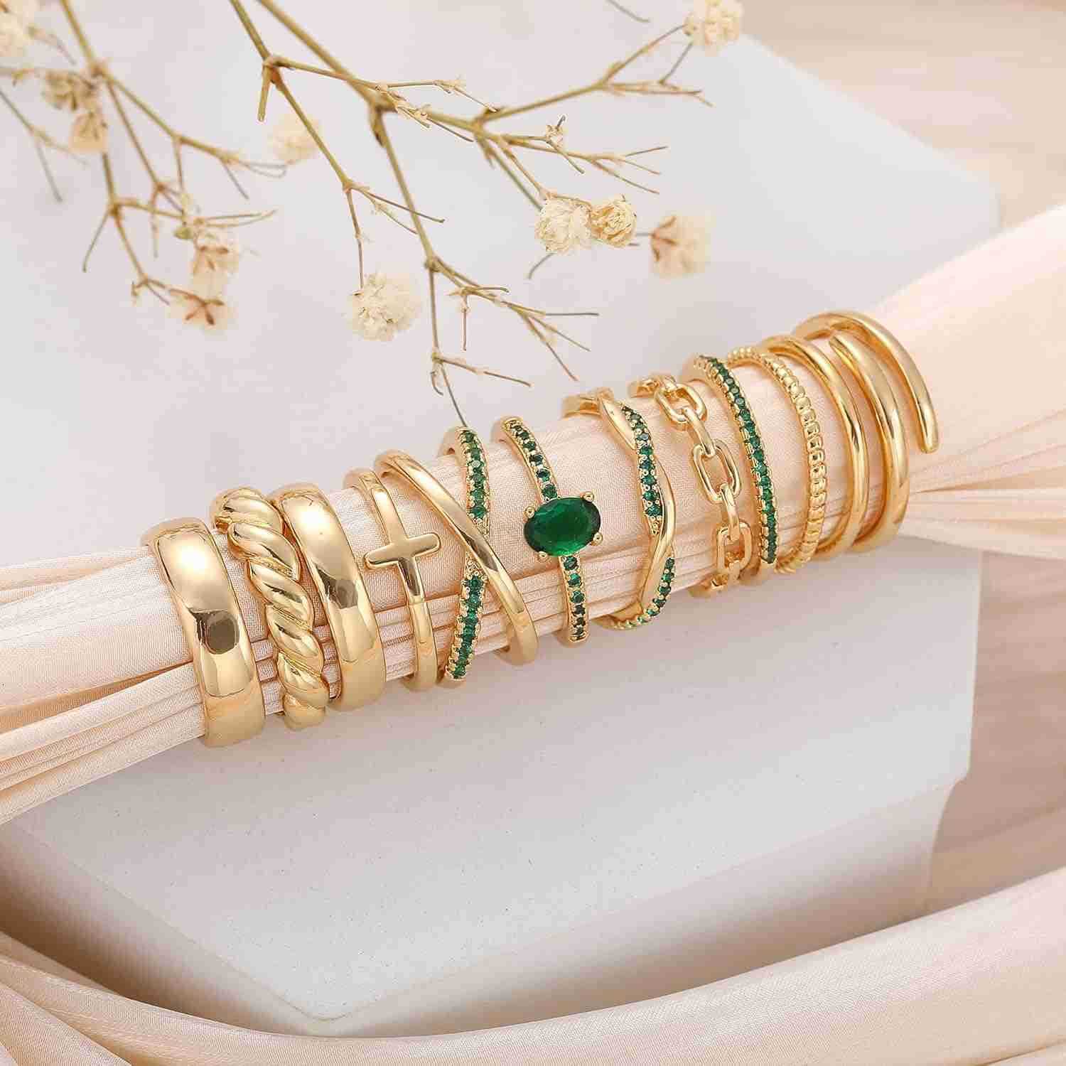 12 PCS Dainty 14K Gold Rings for Women Eternity Open Chunky Twist Simulated Diamond Criss Cross Designs Non Tarnish Gold Plated Stacking Thumb Ring Pe