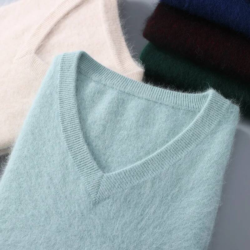 Men's 100% Pure Cashmere Sweater V-neck Pullover Knit Bottoming Shirt Autumn And Winter New Long-Sleeve High-End Mink Tops