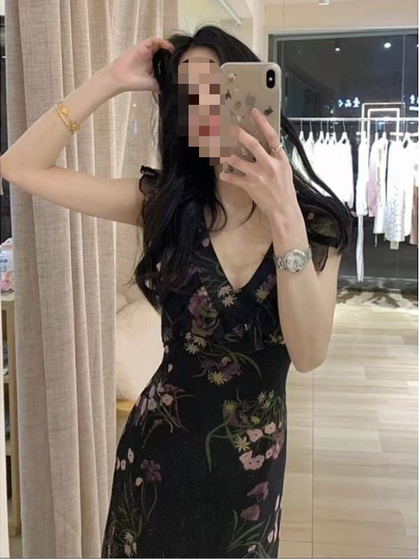 L92New women's autumn new style temperament high-end waist black floral dress
