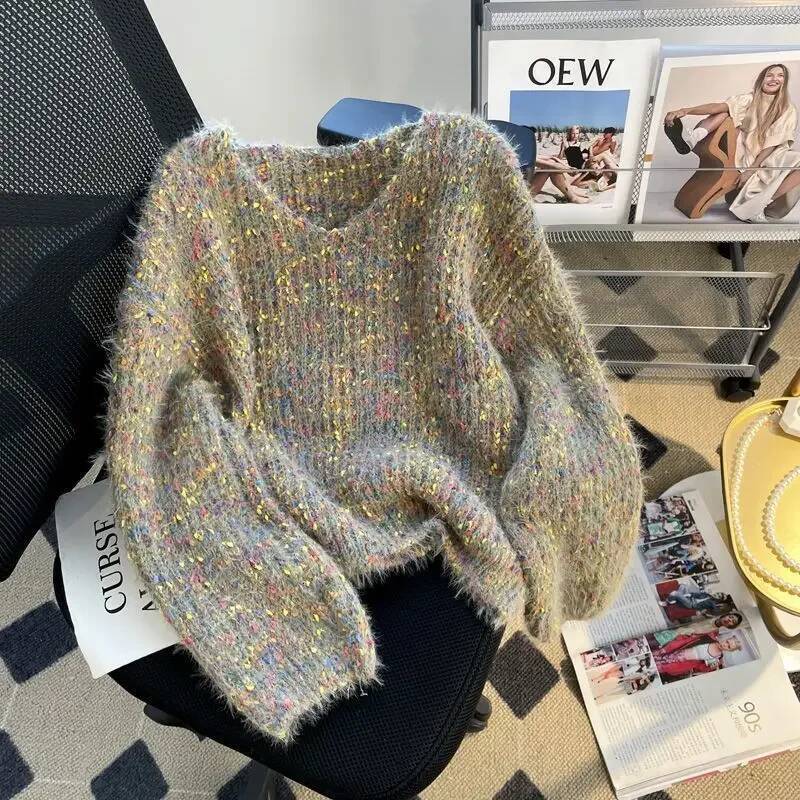 2025 Soft Style Polka Dot Lazy Sweater Women's S Trend Autumn/Winter New Loose Version Soft Soft Knitted Top V-neck Pullover design Autumn/Winter