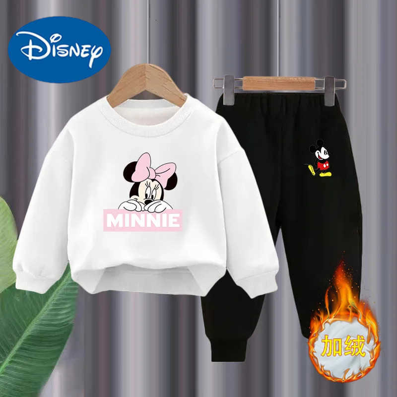 Disney Autumn Winter Childrens Clothing Sets Baby Girls Minnie Mickey Mouse Print Velvet Sweatshirt Pants 2pcs Kids Tracksuits H250908
