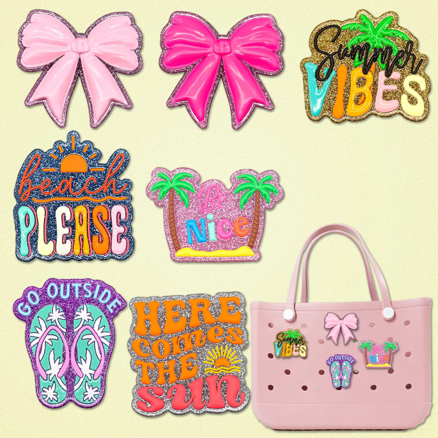 17pcs Bling Bow Charms For Beach Bag Accessories Slippers Handbag Decoration Palm Tote 250908