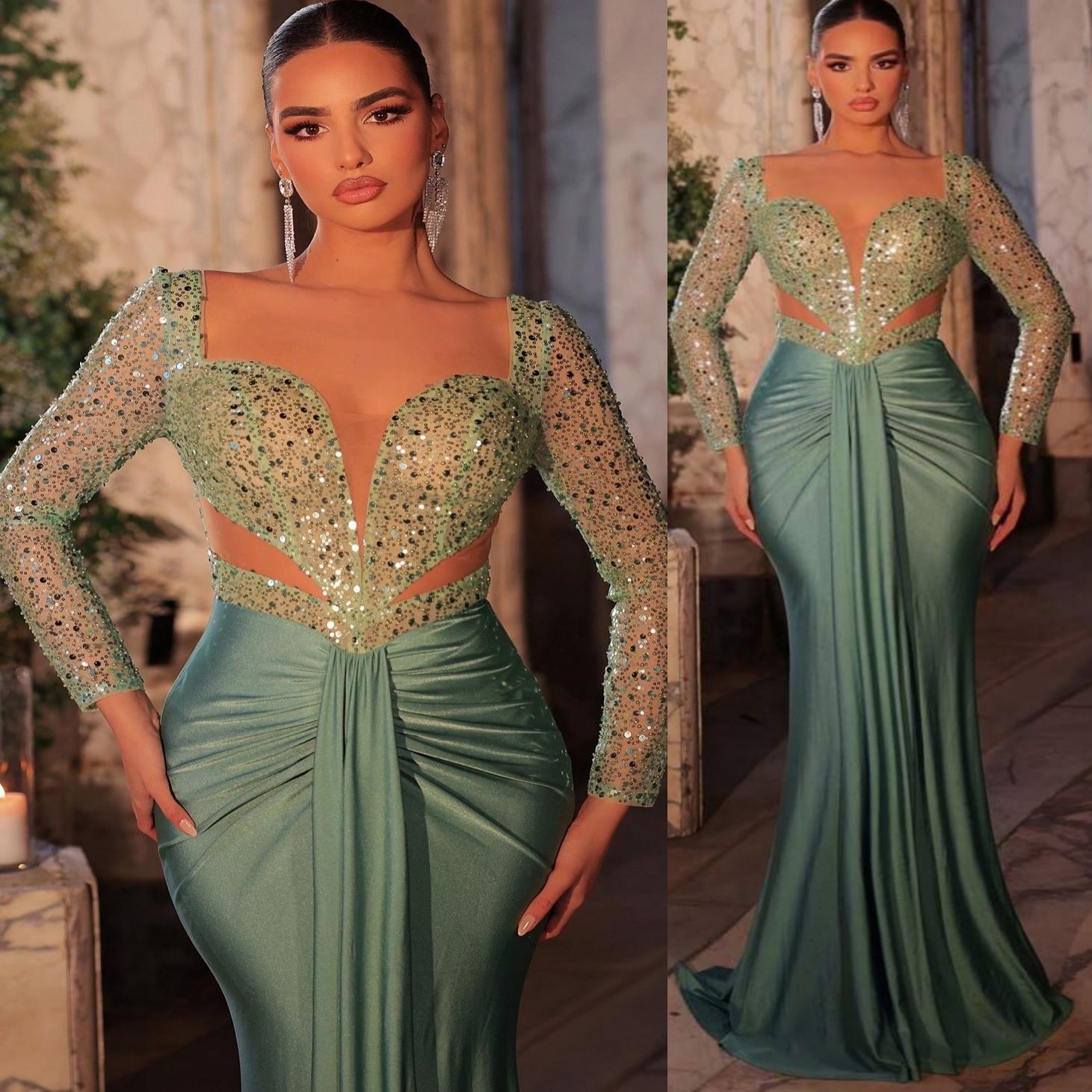 Aso Ebi Sage Mermaid Prom Dresses 2025 Sequined Satin Full Sleeves Simple African Evening Formal Party Second Birthday Engagement Dress Gowns robe de 