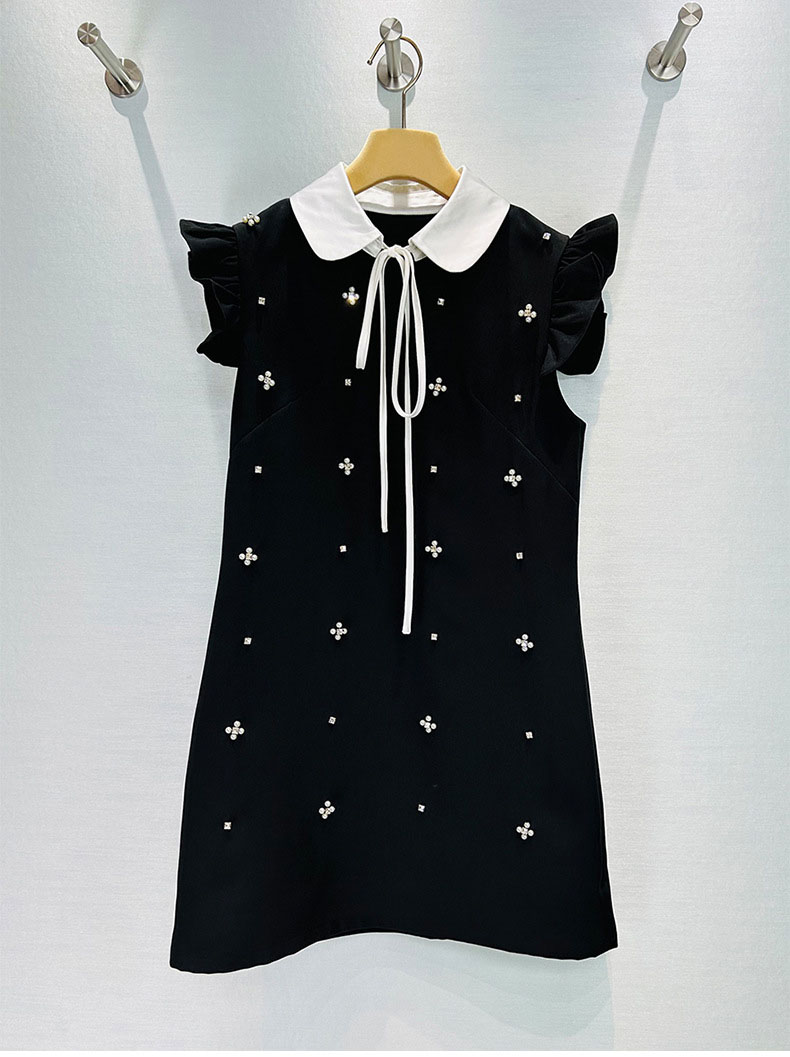 2026 Autumn Blue Solid Color Ribbon Bow Floral Dress Sleeveless Round Neck Splicing Short Casual Skirt