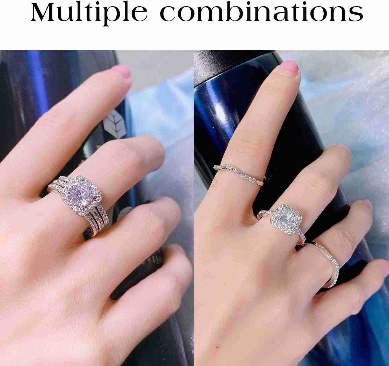 18K White Gold Plated Cubic Zirconia ThreeinOne Halo Wedding Engagement Promise Eternity Ring for Women Y260117