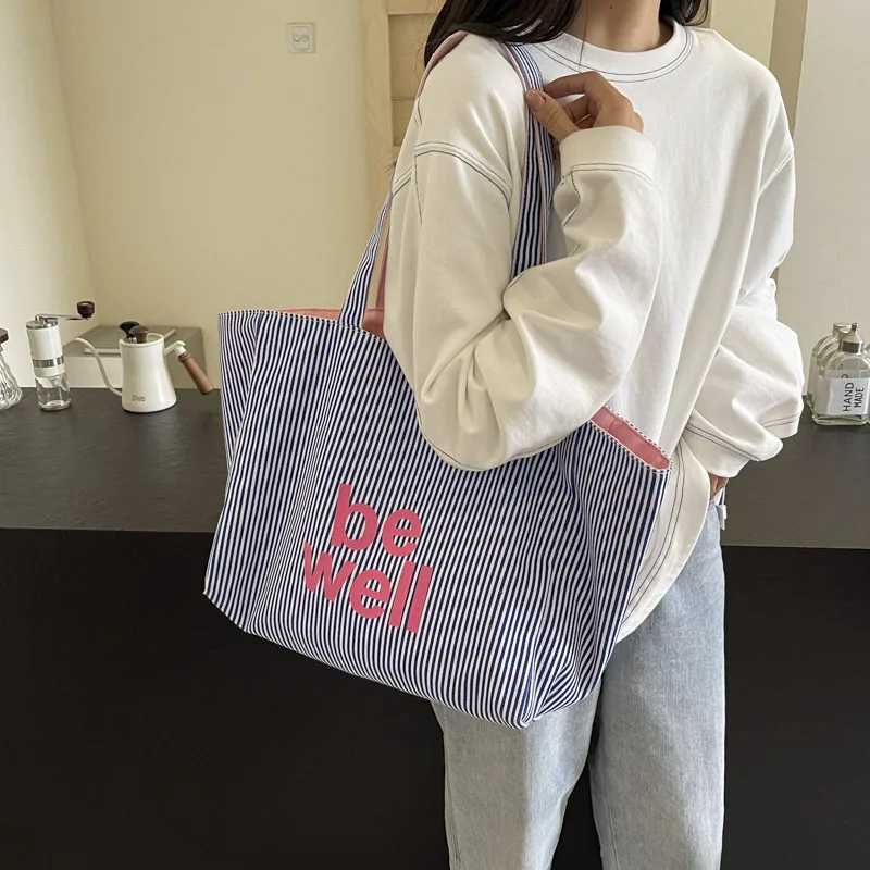 Casual Large Stripe Womens Shoulder Bag 2025 New Fashion Commuter Tote Bag High Capaci Canvas Handbag for Youth bolso mujer R250908