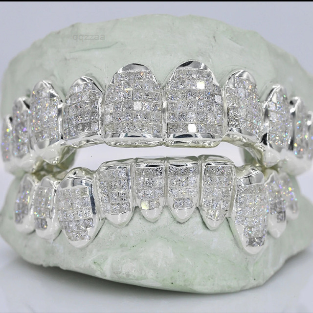 Invisible Setting Princess Cut Iced Out VVS Moissanite Diamond Custom Grillz Teeth Iced Out Hip Hop Silver Grillz Moissanite