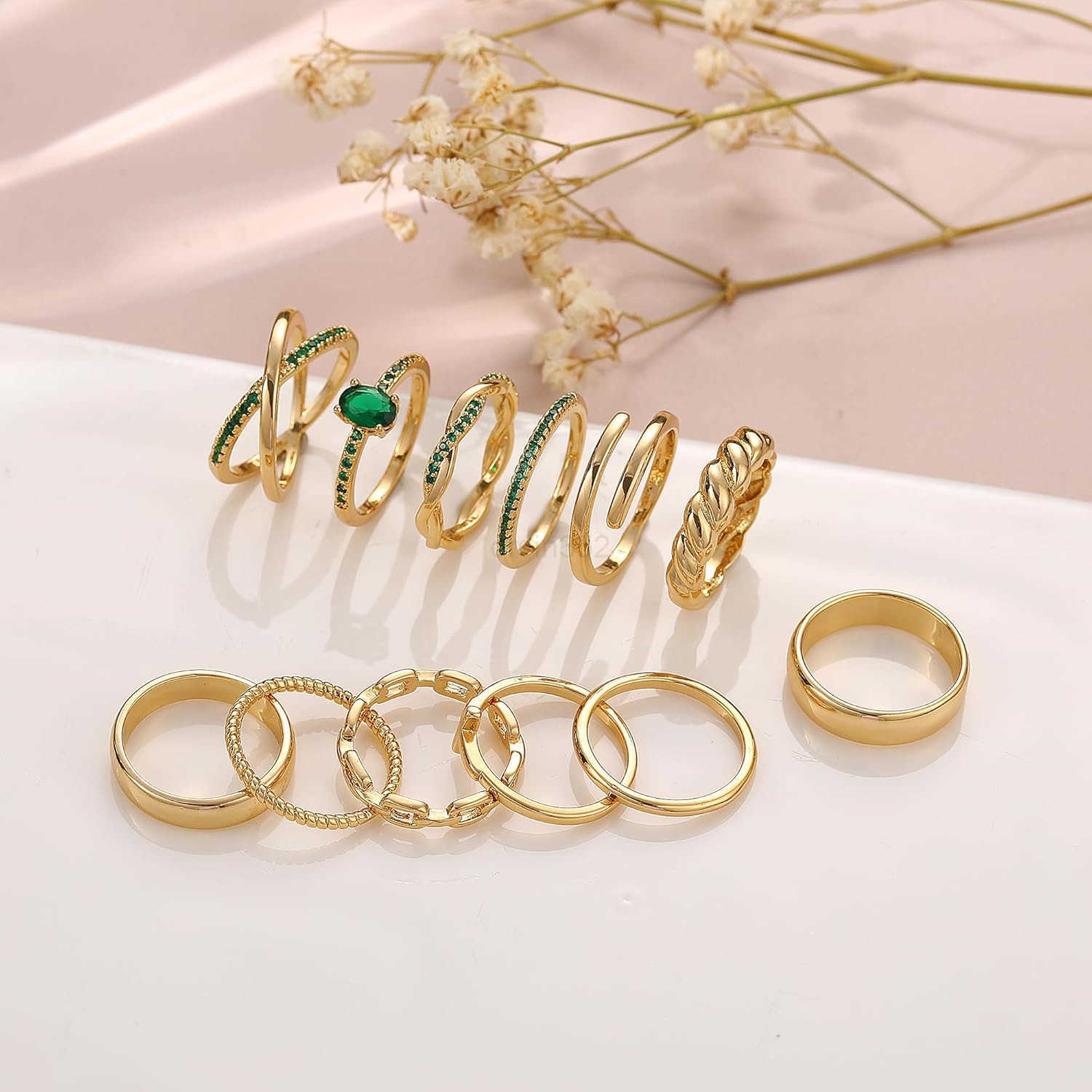 12 PCS Dainty 14K Gold Rings for Women Eternity Open Chunky Twist Simulated Diamond Criss Cross Designs Non Tarnish Gold Plated Stacking Thumb Ring Pe