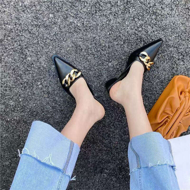 Summer Women New Black High Slippers Close Toe Block Heels Mules Designer Slip on Loafers Slides Party Shoes dh911463038