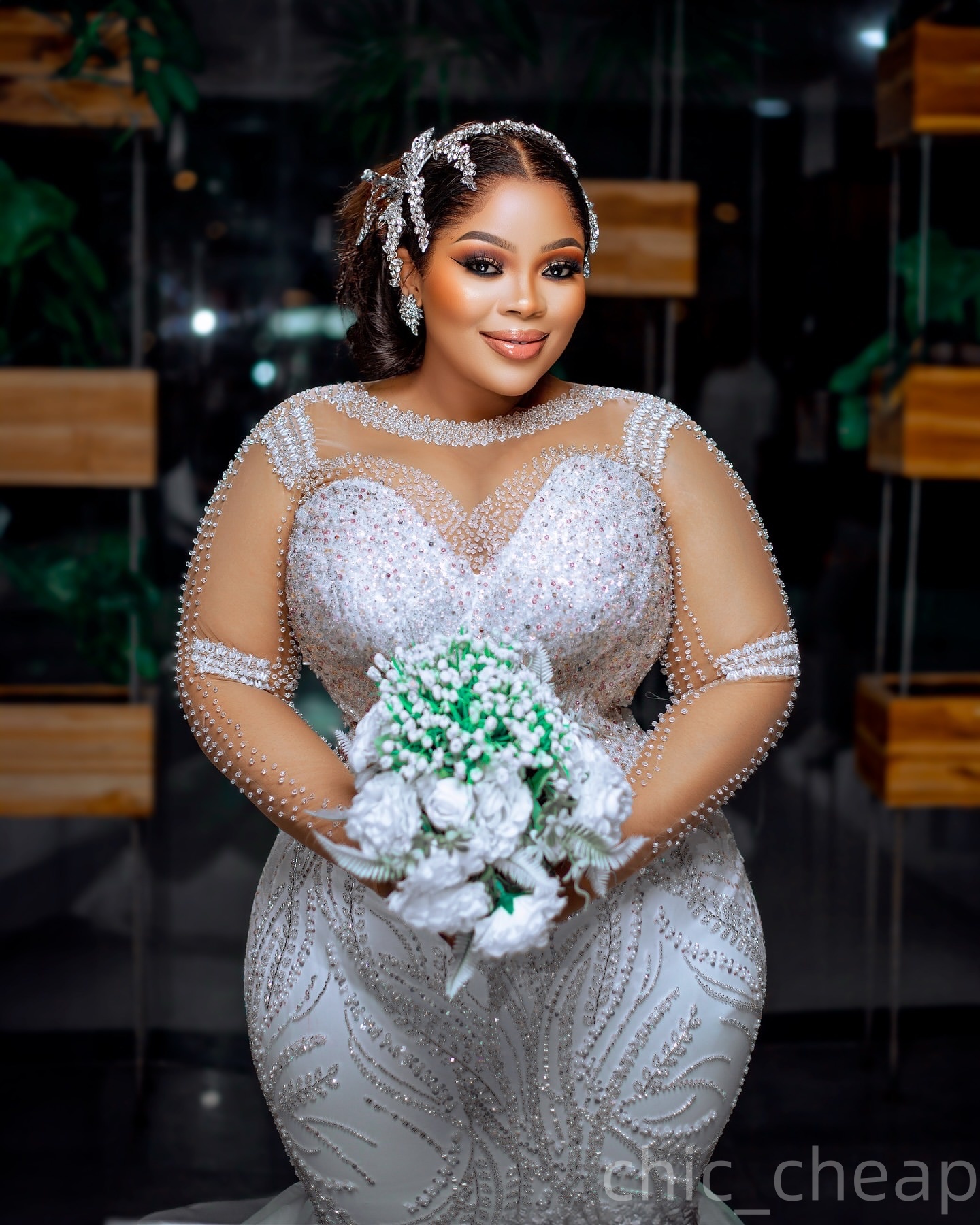 2025 Aso Ebi Plus Size Ivory Mermaid Wedding Dress Full Sleeves Beaded Sheer Neck Sequined Lace Satin Luxurious Bridal Gowns Dresses ZJ0455