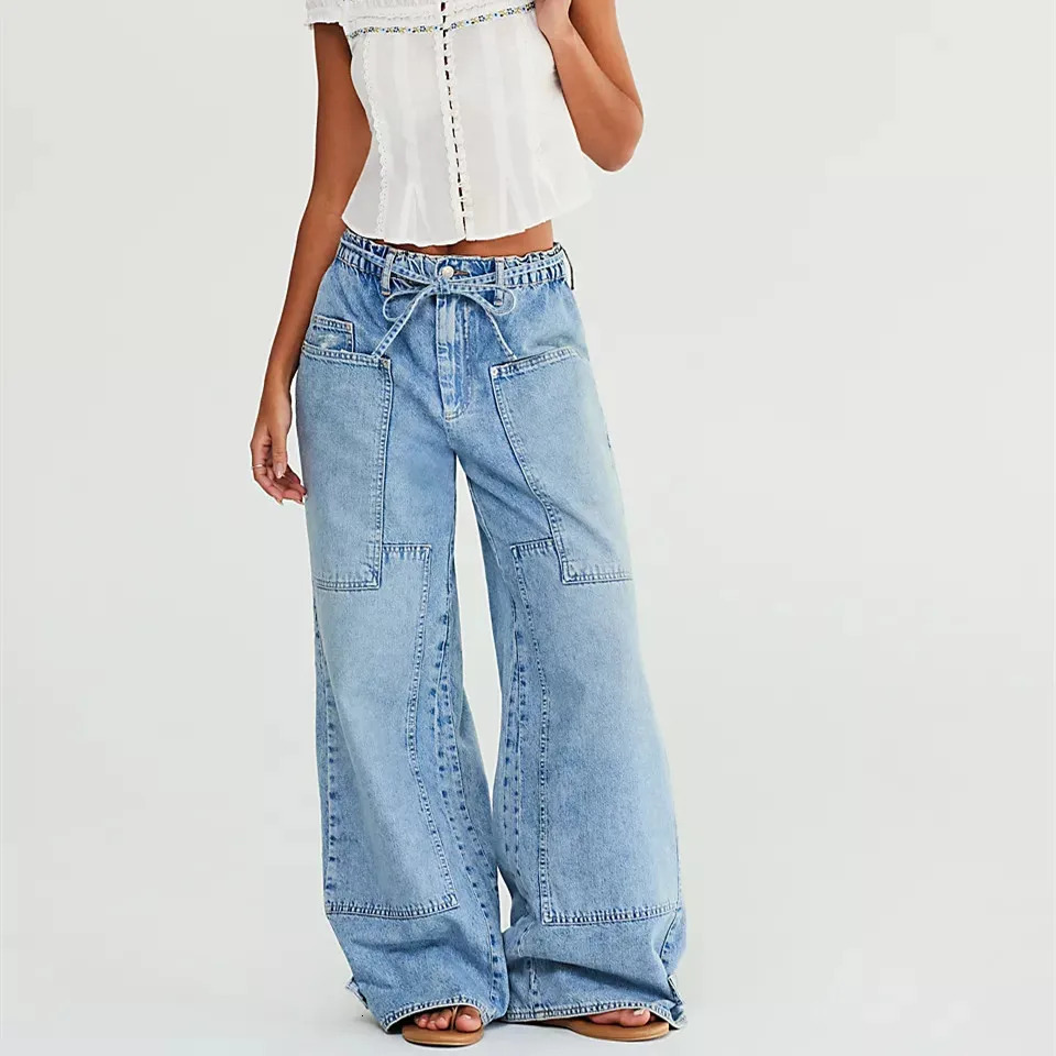 Women Fashion WideLeg Jeans Big Pockets Loose Denim Pants Spring Summer Casual Baggy Trousers Y2K Vintage Streetwear 250908