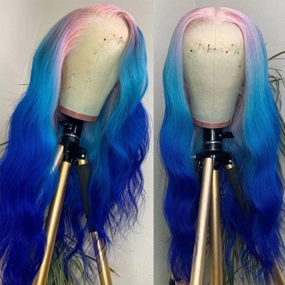 28 Inches Glueless Wigs Wear and Go Colored Brazilian Human Hair Wig Cosplay Loose Deep Wave Wig Ombre Pink Blue Body Wave Wig Transparent Lace Frontal Wigs