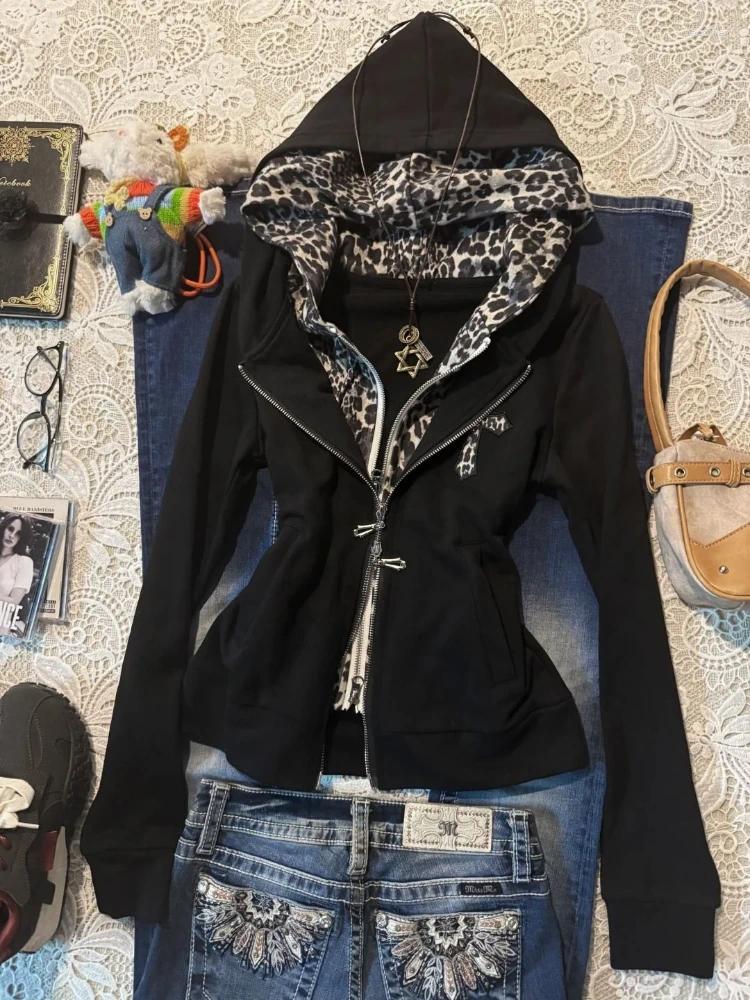 Women's Hoodies Subculture Leopard Print Patchwork Hoodie Autumn Girl Fake Two Piece Tops 2025 High Street Vintage Long Sleeve Coat