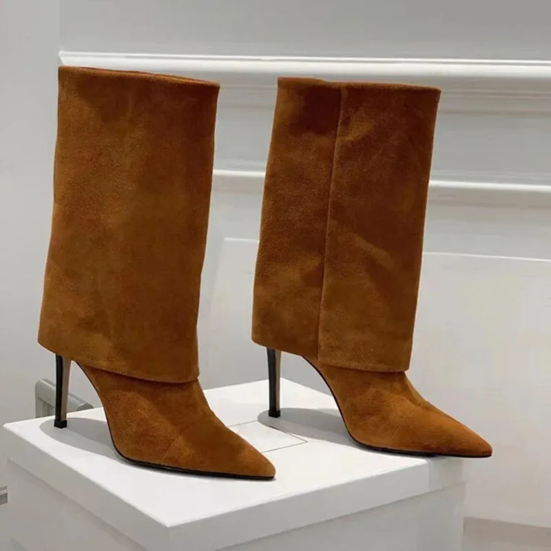 European and American Retro Highheeled Brown Frosted Flanged Sleeve Middle Boots for Women Pointed and Simple Versatile Style 250908