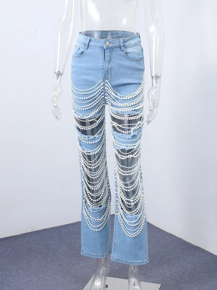 Chic Bead Hollow Out Womens Jeans Summer High Waist Zipper Slim Straight Jean Female 2025 Blue Hip Package Streetwear Lady Pant 250908