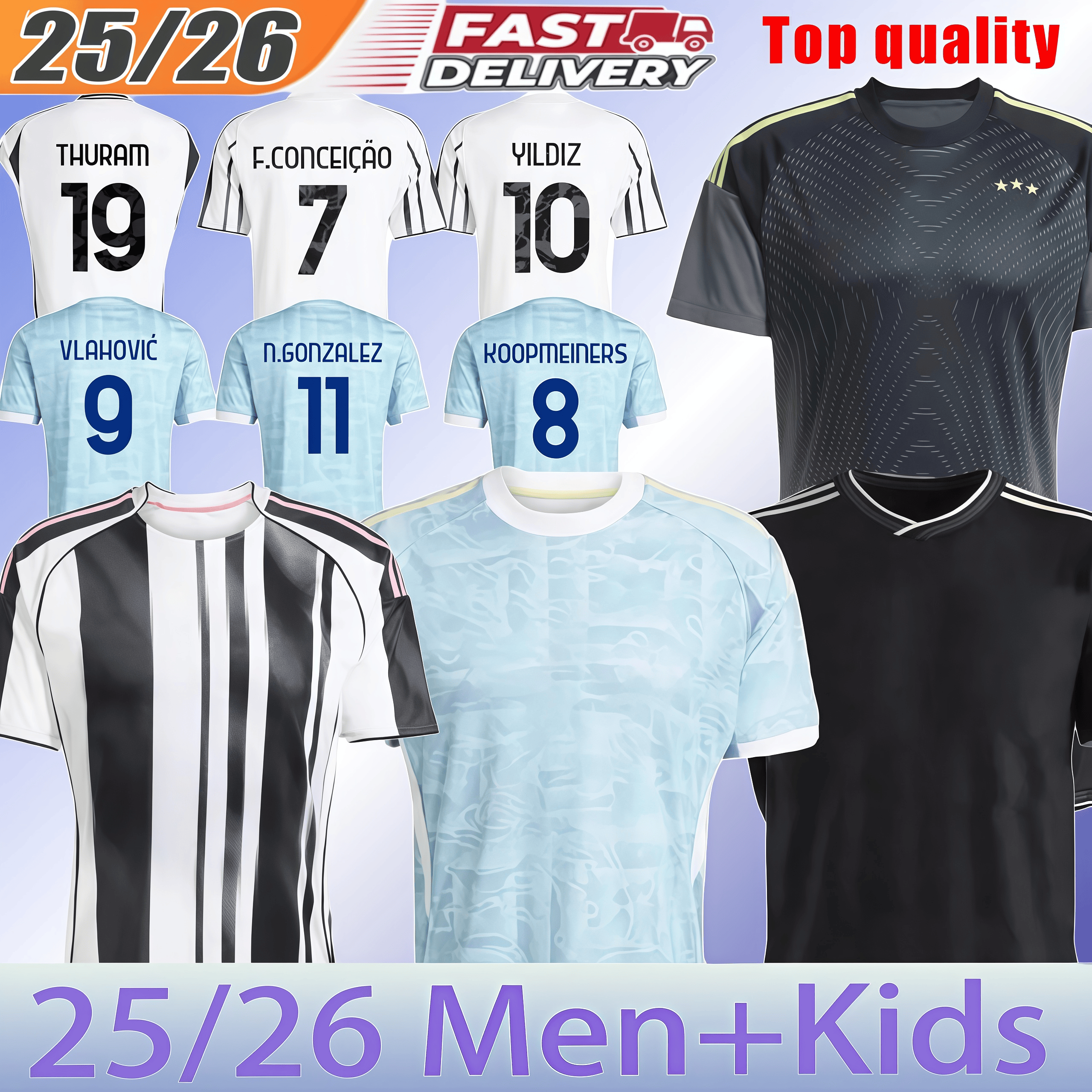 Juve 25 26 Soccer Jerseys Fans Player Home Away Yildiz Vlahovic F.CONCEICAO DOUGLAS LUIZ Thuram N.GONZALEZ Gatti Kalulu 2025 Football Shirt Men Kids kit Kits