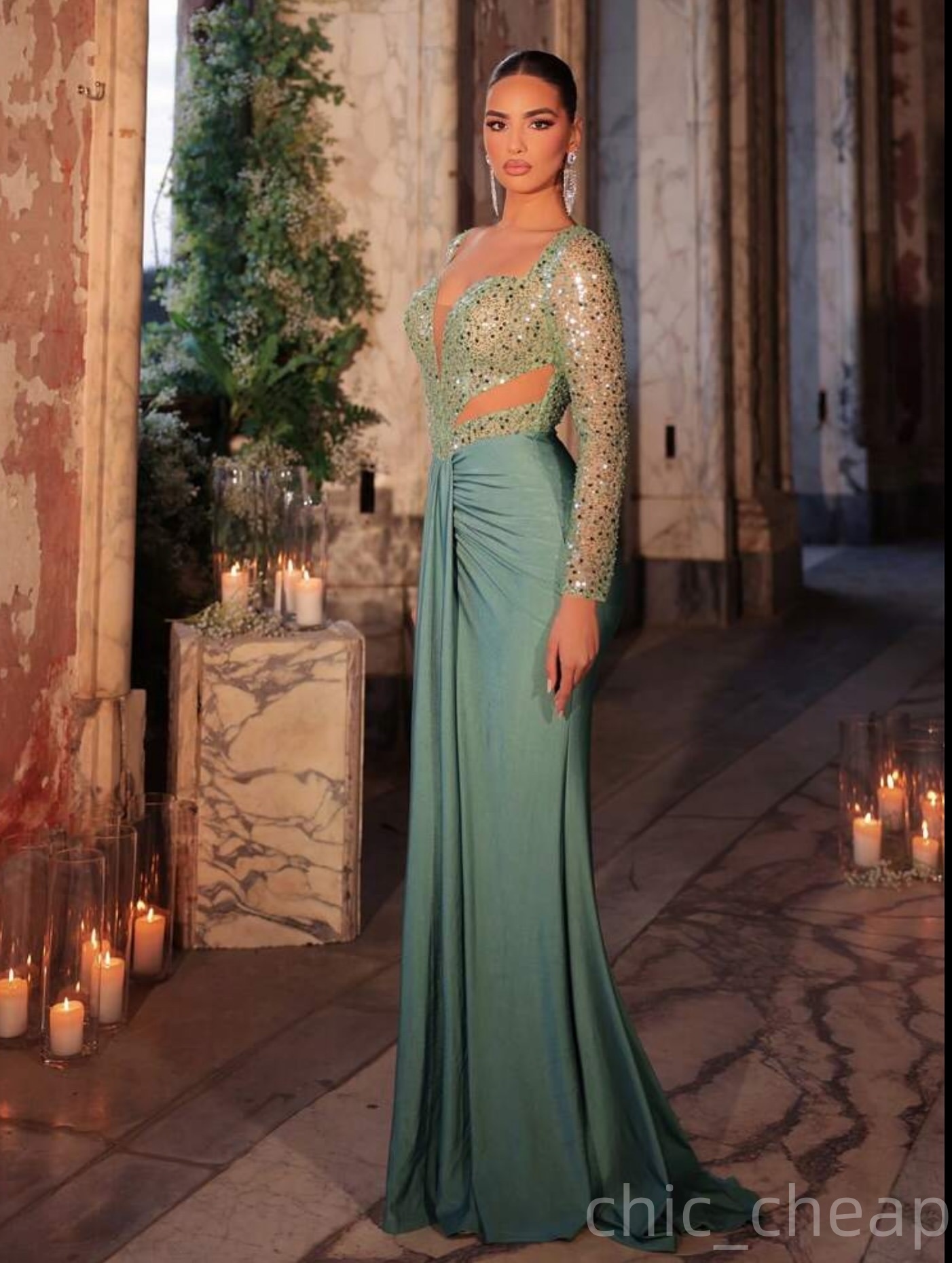 Aso Ebi Sage Mermaid Prom Dresses 2025 Sequined Satin Full Sleeves Simple African Evening Formal Party Second Birthday Engagement Dress Gowns robe de 