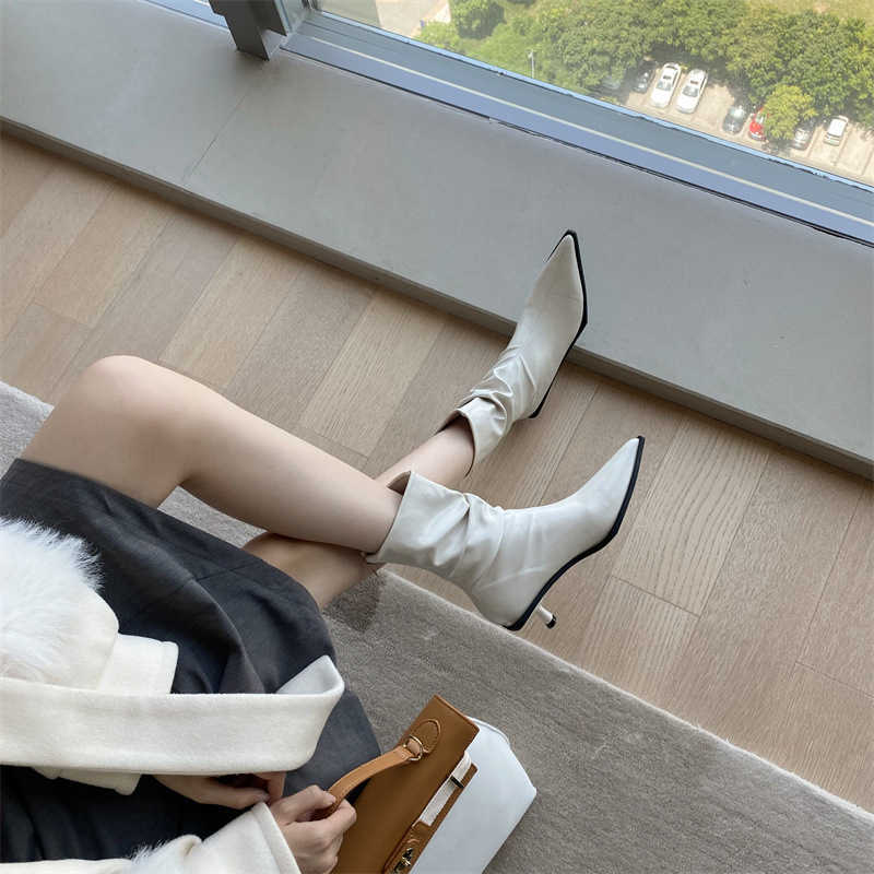 Martin Boots Elegant High Heel Slim Thin Heel Niche Single Boots French Style Brown Pointed Toe Mid-Calf Short Boots for Women