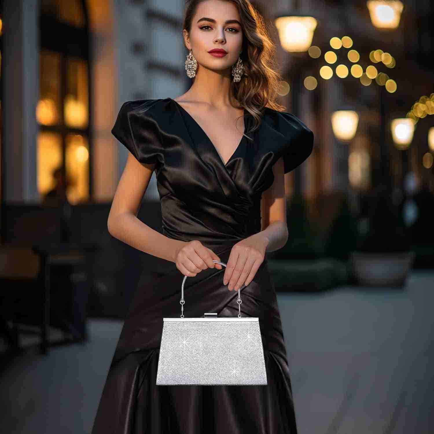 Womens Evening Handbags Sparkly TopHandle Rhinestone Purse wChain Fashion Diamond Silver Clutch Cross Body Bag for Prom Party Wedding Cocktail Date Fo