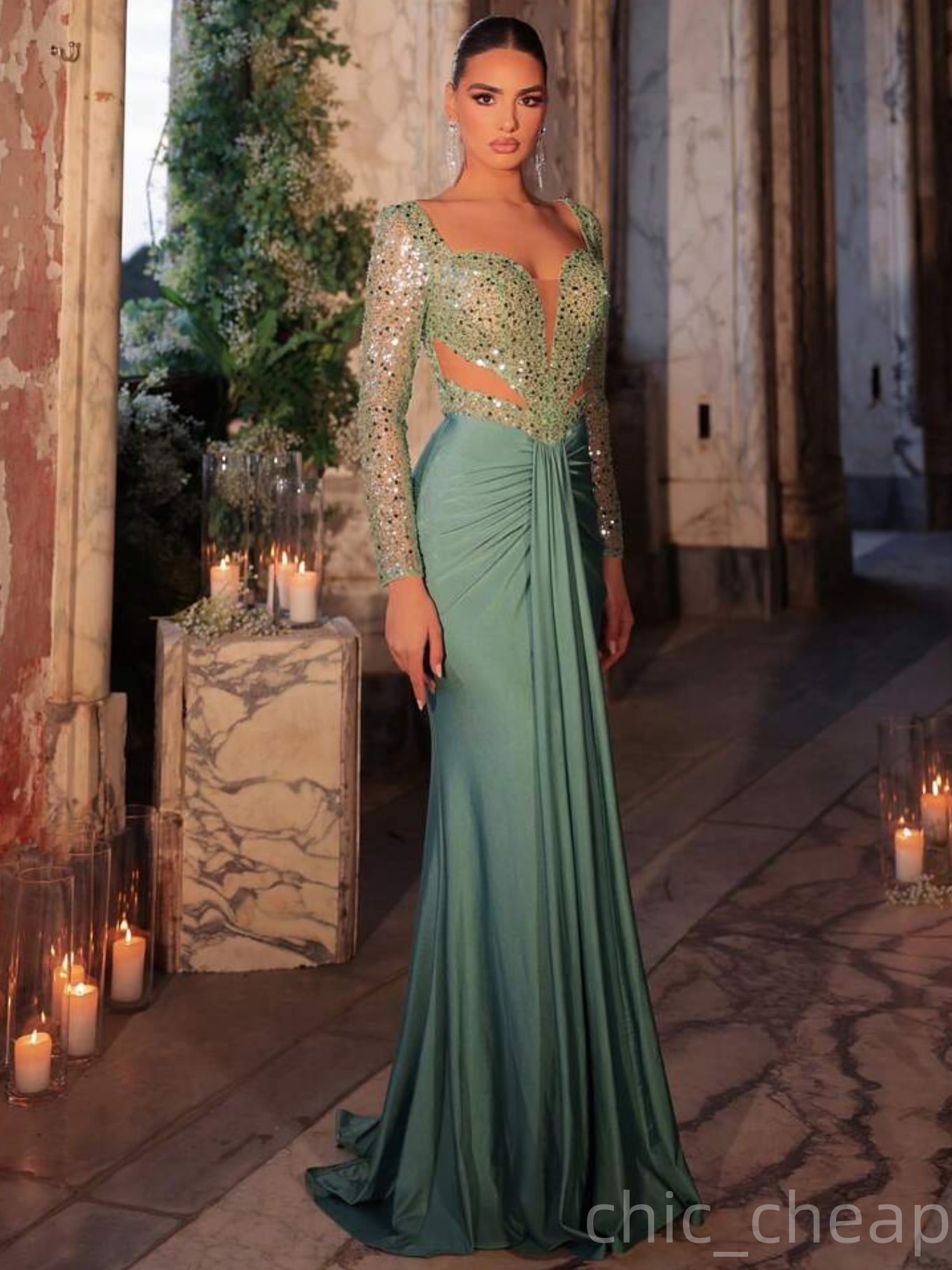 Aso Ebi Sage Mermaid Prom Dresses 2025 Sequined Satin Full Sleeves Simple African Evening Formal Party Second Birthday Engagement Dress Gowns robe de 