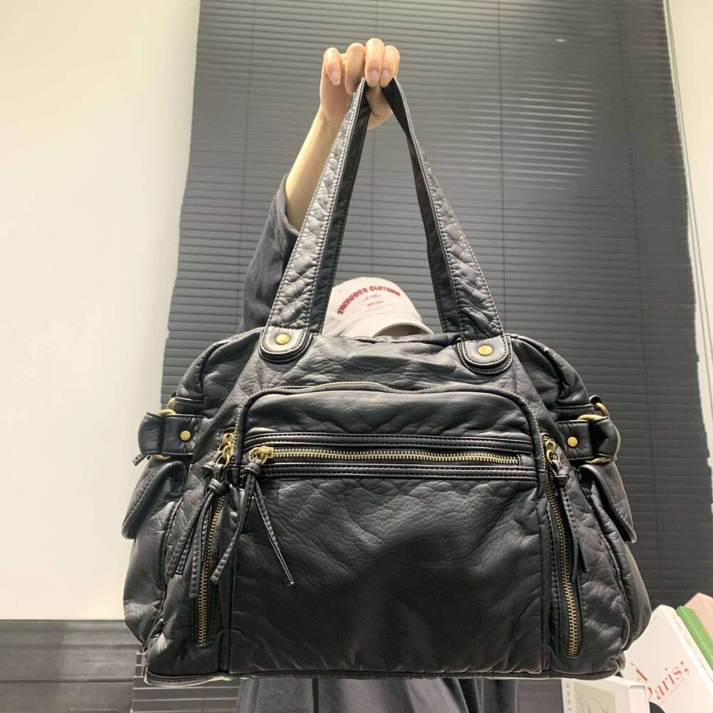 Women's Fashion Retro Tote Soft PU Leather Large Capacity Shoulder Bag Y2k Punk Multi Pocket Crossbody Handbag