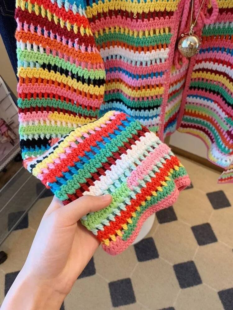 2025 Rainbow Stripe design Woven Cardigan Lace Design Knitted Coat Women's Trendy Aging Sweet Top New Designer Clothing