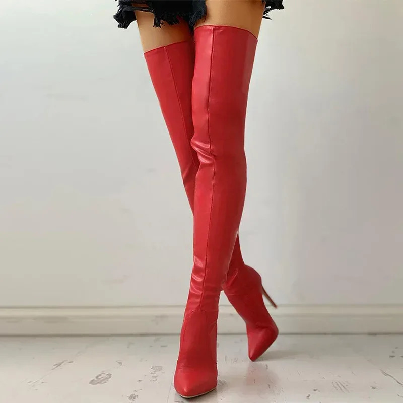 Plus Size 3446 Women Boots Sexy Thigh High Boots Stretch PU Leather Overtheknee Heeled Boots Black Red Autumn Winter Shoes 250908