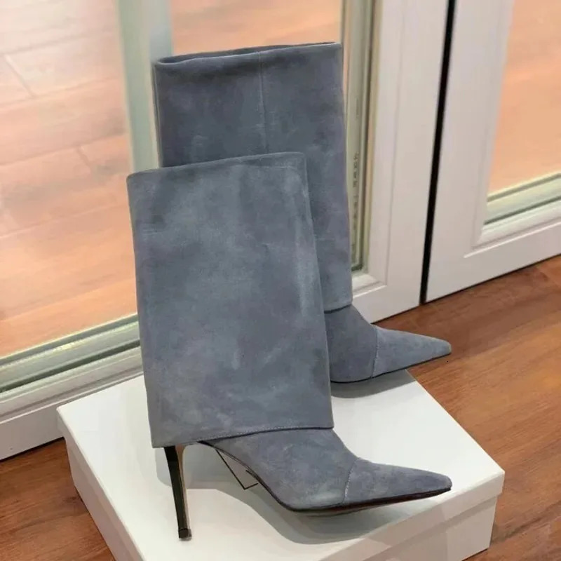 European and American Retro Highheeled Brown Frosted Flanged Sleeve Middle Boots for Women Pointed and Simple Versatile Style 250908