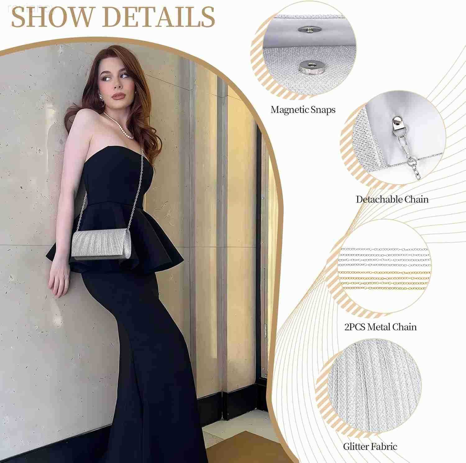 Clutch Purses for Women Elegant Pleated Evening Bag with 2 Removable Chain Straps Sparkling Silver Party Bags Envelope Ladies Handbags for Formal Even