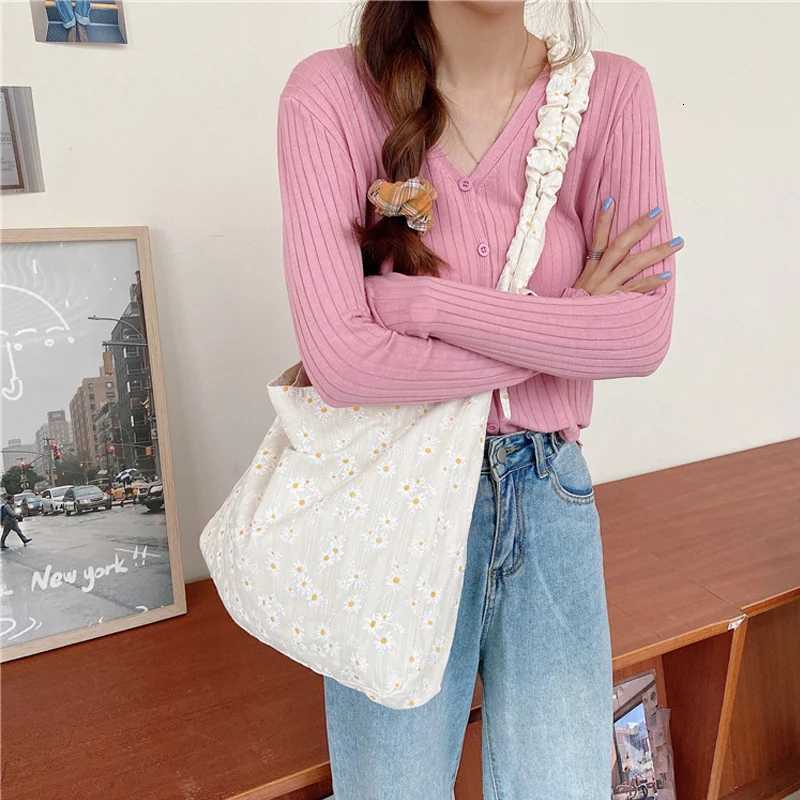 Daisy Print Women Canvas Shoulder Bag 3D Flower Coth Handbag Casual Tote Student Literary Books Purse Girls Eco Shopping Bags R250908