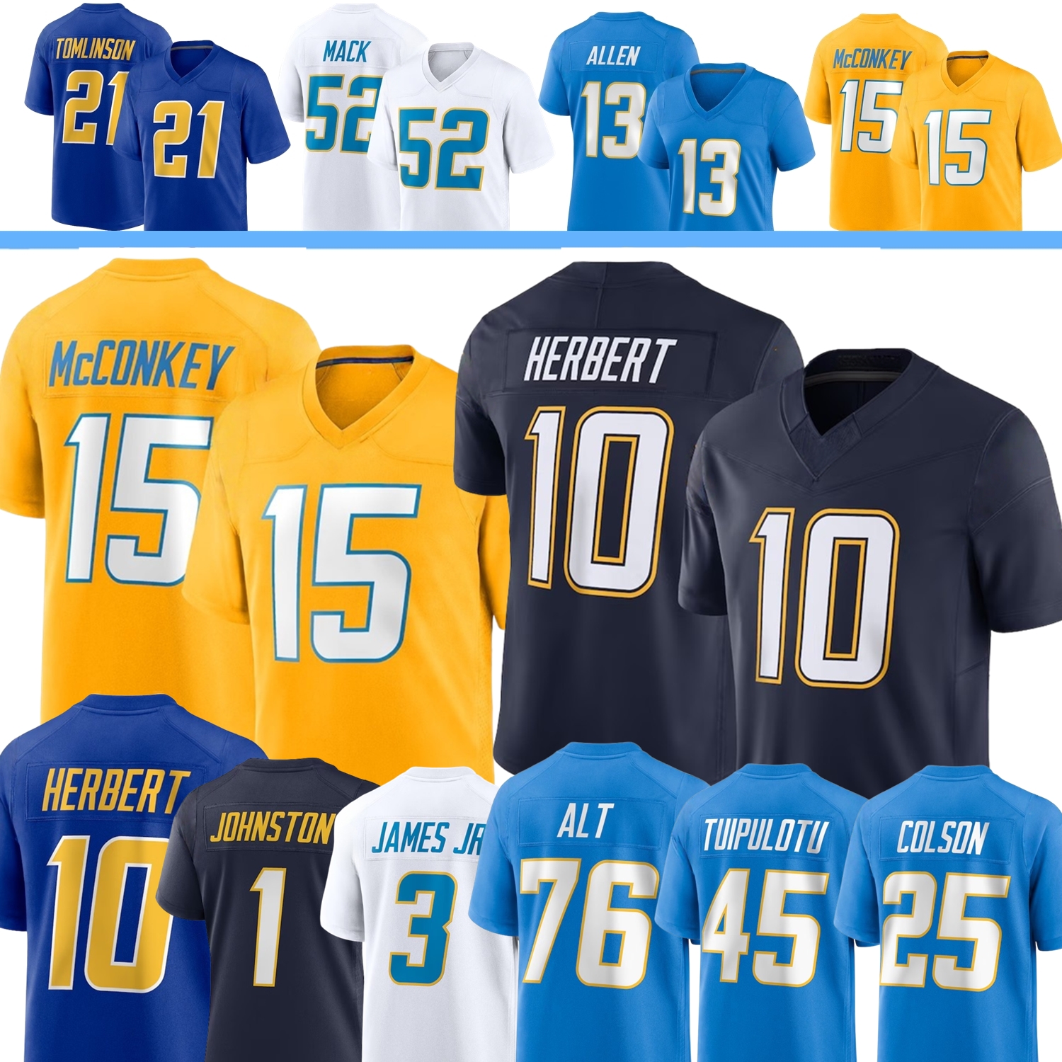 Justin Herbert Custom Football Jersey Keenan Allen LaDainian Tomlinson Derwin James Jr Najee Harris Khalil Mack Tuipulotu Johnston Rice Conklin Seau Fouts