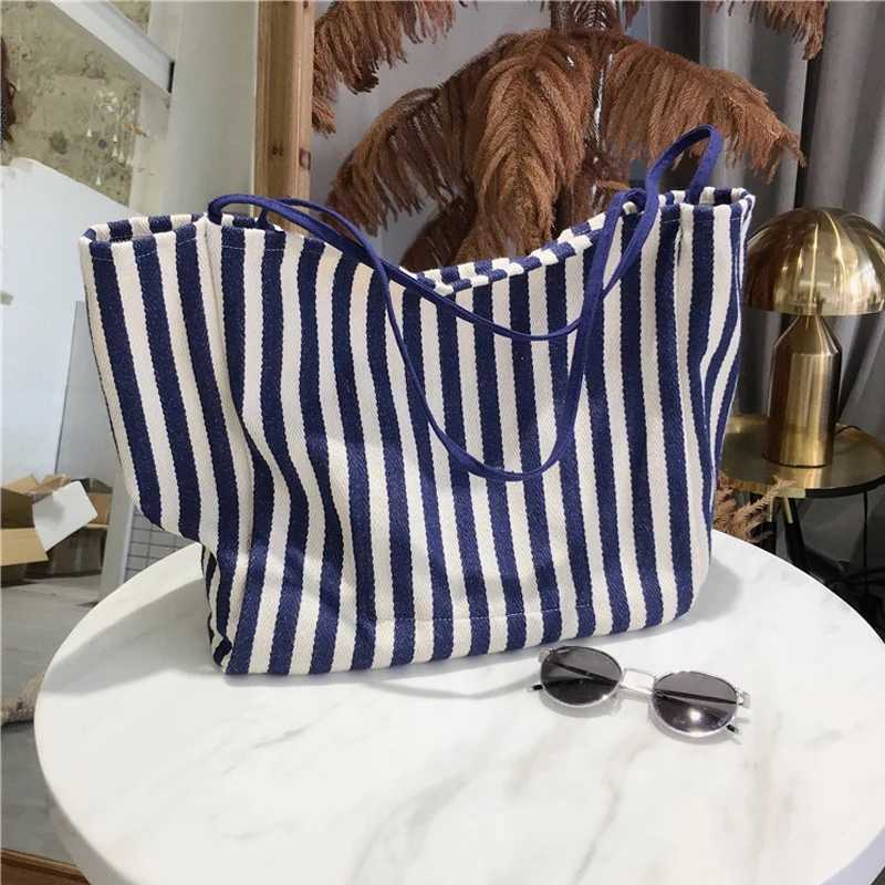 Cotton Canvas Women Big Shoulder Bag Vintage Tote Shopping Bag Extra Large Capacity Handbag Cute Stripe Design Beach Cloth Purse R250908
