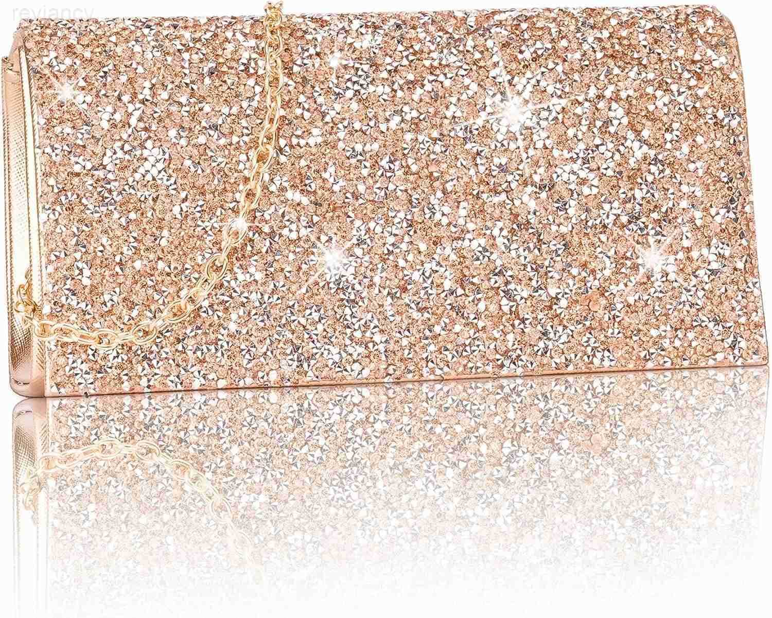 Womens Evening Handbags Bling Rhinestone Purse wChain Stunning Rose Gold Envelope Clutch Bag Formal Shoulder Crossbody Bag for Prom Bachelor Party Wed