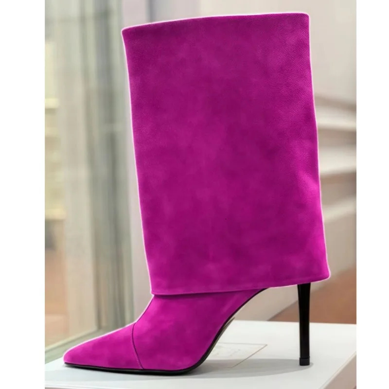 European and American Retro Highheeled Brown Frosted Flanged Sleeve Middle Boots for Women Pointed and Simple Versatile Style 250908