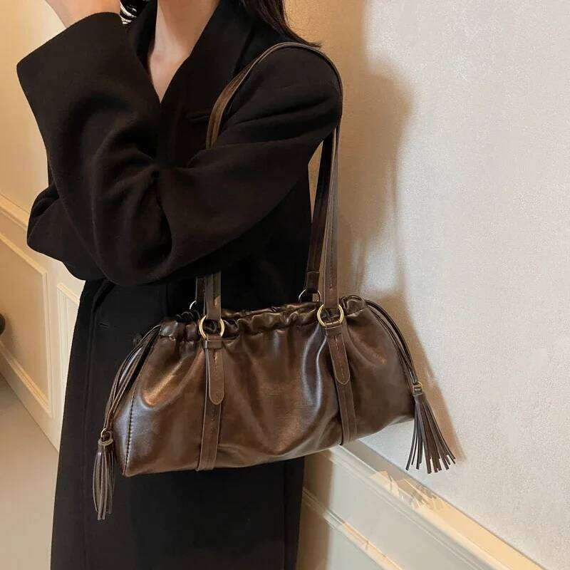 Vintage Womens Retro Tote Large Capacity PU Leather Boston Ruched Buckle Closure Hobo Bag Solid Color For Outdoor Travel