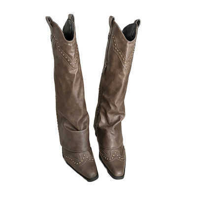 Versatile Thick Heel Long Boots with Rivets, Over-the-Knee Slim Western Cowboy High Boots for Women