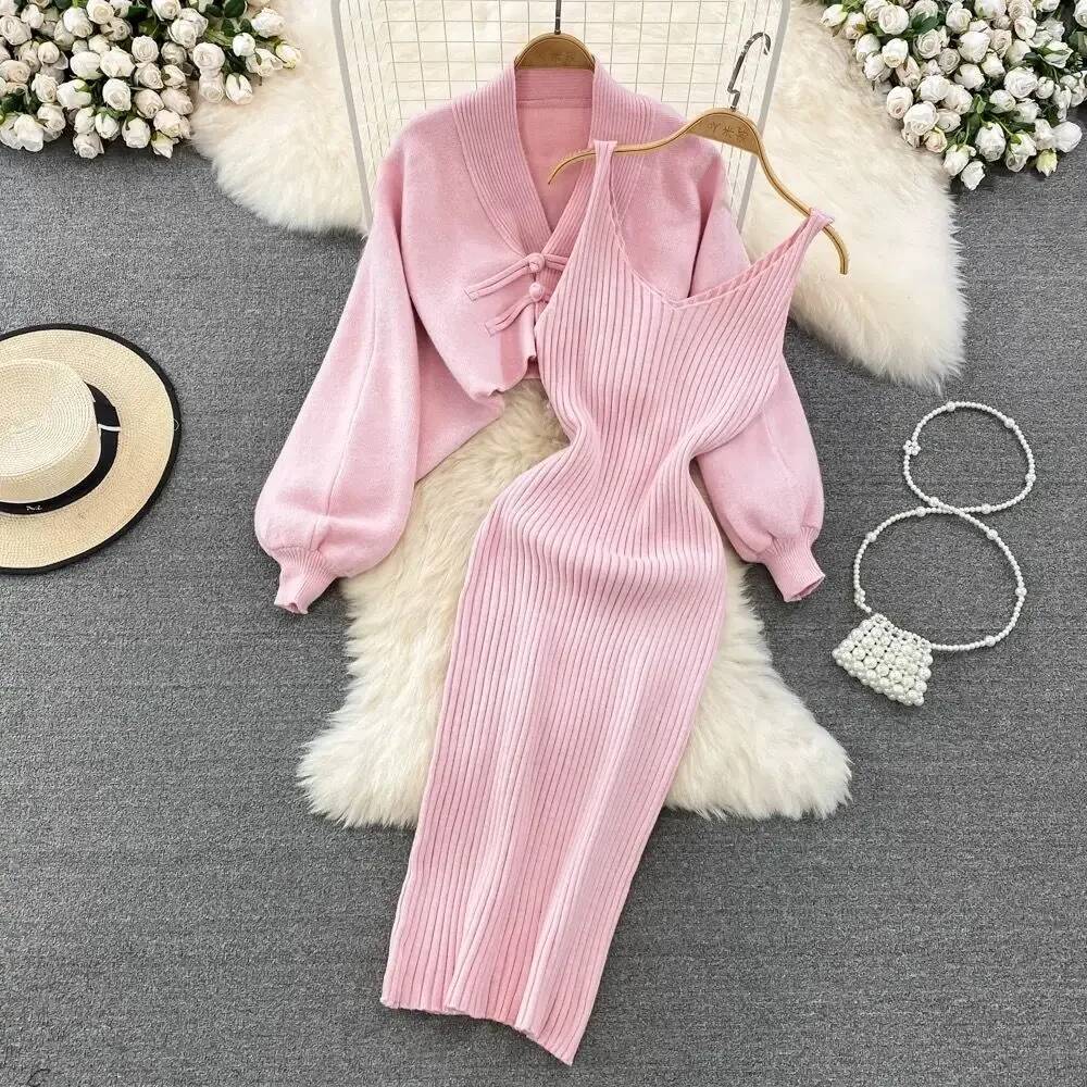 2025 Solid Color Knitted Set with Lace up Cardigan Trendy Women's Sweater Coat Vest Dress Two Piece Set Women's Clothing Autumn/Winter New D