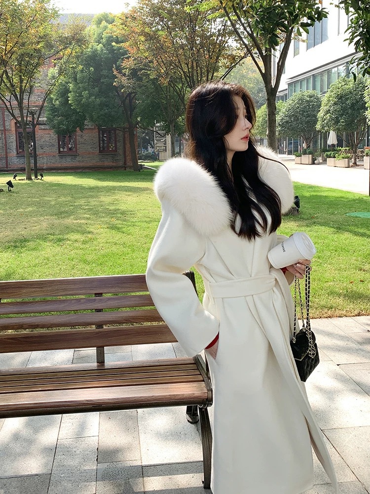 French lazy autumn and winter new hooded double-sided cashmere coat medium long fox fur collar woolen coat for women