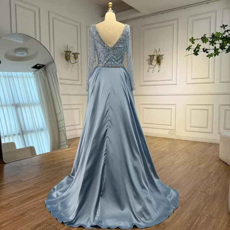 Luxury Designer Blue Beaded Evening Prom Dress with Long Sleeves Gown for Women Party Customized Serene Hill