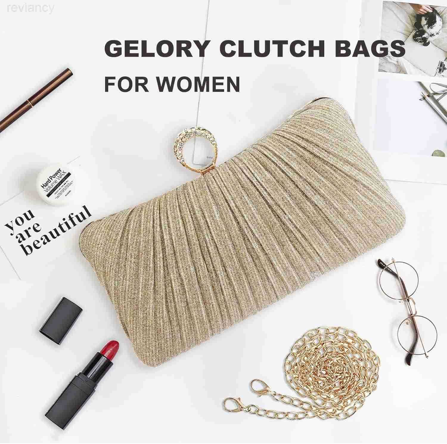 Evening Handbag Women Gold Glitter Clutch Purse Pleated Wedding Clutch for Bridal Wedding PartyW250908