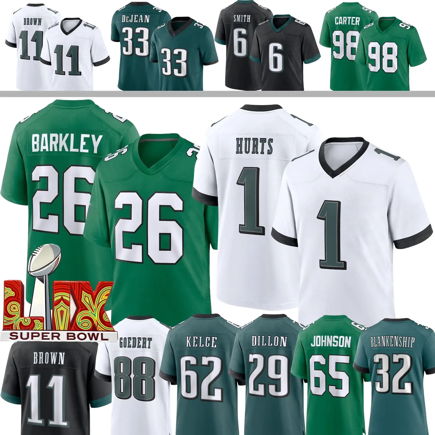 Saquon Barkley Custom Football Jersey Jalen Hurts Cooper DeJean A. J. Brown Smith Jalen Carter Goedert Johnson Davis Dillon Blankenship Ringo Elliott 4XL