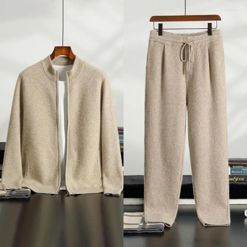 Men's Tracksuits Men Mock Neck Zippers Cardigan Cashmere Sweater Pants Sets Elastic Waist Pencil Trousers Knitted Thicken Clothing