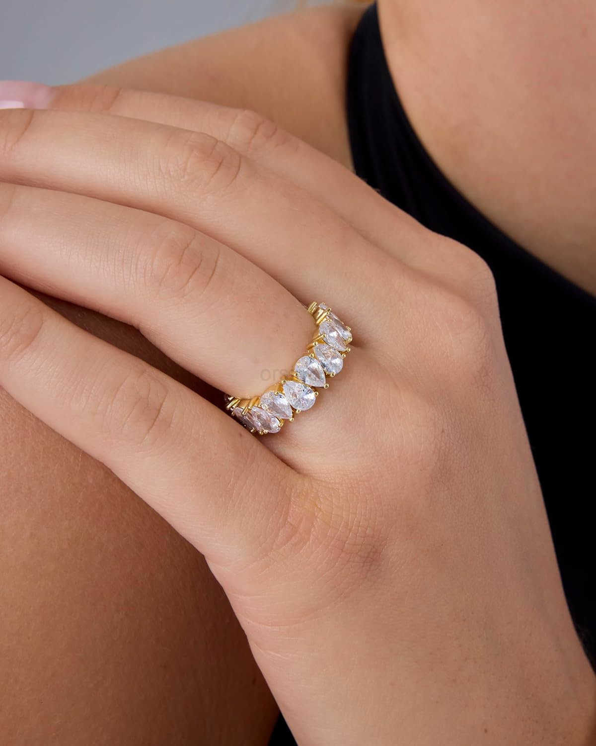 14K Gold Plated Pear Love Eternity Rings for Women Gold Cubic Zirconia Ring Bridal Eternity Wedding Band RingW250908