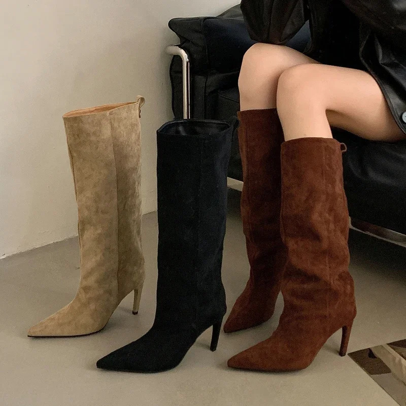 Aneikeh Concise Fashion KneeHigh Women Boots Thin Heels Shoes Female Winter Pointed Toe Long Booties Zapatos De Muje 250908