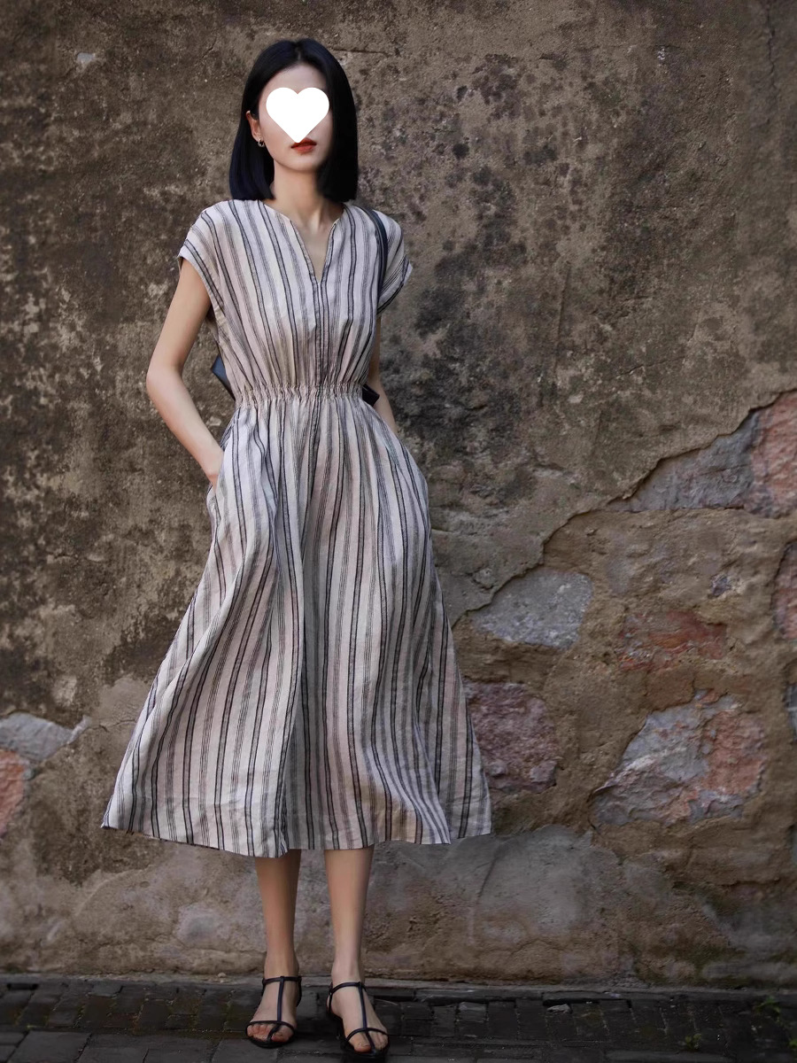 G92 Womens Linen Striped Collar - Comfortable Autumn Commuter Versatile Gray Shirt Dress C260311
