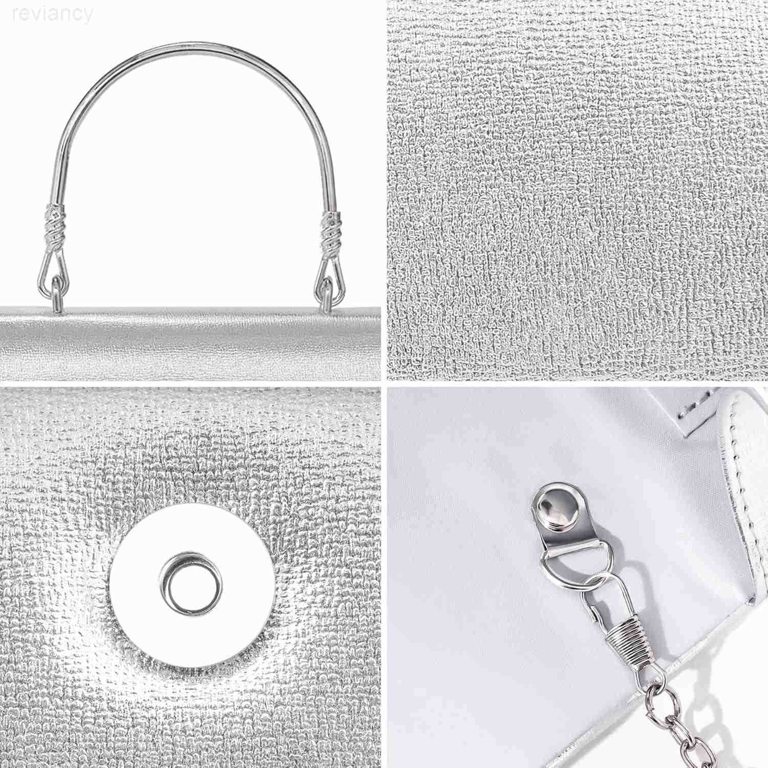 Clutch Purses for Women Elegant Metallic Silver Evening Handbags with 2 Chain Straps Fashion Vegan Leather Ladies Party Bags for Prom Wedding Cocktail